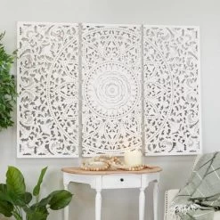 Set Of 3 Wooden Floral Handmade Intricately Carved Wall Decors With Mandala Design White - Olivia & May -Wall Charm Deals Store GUEST 005245b5 8c24 4aeb 8718 d0d5cfcf502f