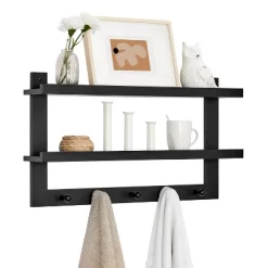 29" X 16" 2 Tier Ledge Wall Shelf Organizer With Five Hanging Hooks Black - Danya B. -Wall Charm Deals Store GUEST 04cdb312 1b8b 4796 bcc6 f6276f129058