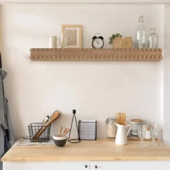 Large Beaded Wood Floating Decorative Wall Shelf Natural - American Art Decor