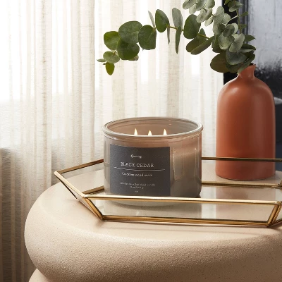 14oz Lidded Gray Glass Jar Crackling Wooden 3-Wick Candle With Paper Label Black Cedar - Threshold™ 1 14oz Lidded Gray Glass Jar Crackling Wooden 3-Wick Candle With Paper Label Black Cedar - Threshold™