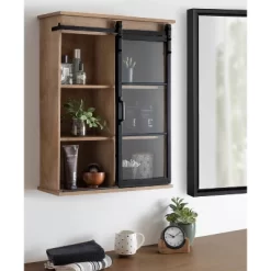 22" X 28" Barnhardt Decorative Wooden Wall Cabinet With Sliding Glass Door Rustic Brown - Kate & Laurel All Things Decor -Wall Charm Deals Store GUEST 219513b0 c922 46e5 b894 ffa14673e46b