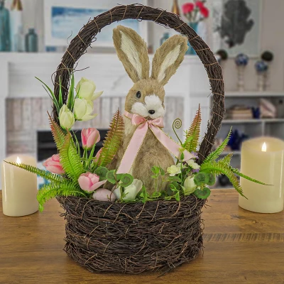 National Tree Company Woven Basket With Bunny Table Decoration, Woven Branch Base, Decorated With Fern Fronds, Tulips, Easter Collection, 17 Inches 1 National Tree Company Woven Basket With Bunny Table Decoration, Woven Branch Base, Decorated With Fern Fronds, Tulips, Easter Collection, 17 Inches