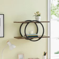 2-Tier Antigua Crossed Double Circle Wall Shelf Unit Black/Rustic - Danya B.