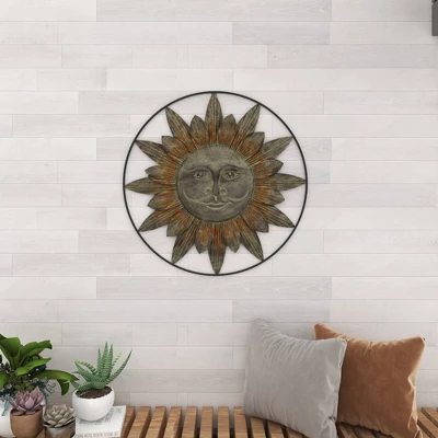 Metal Sunburst Indoor Outdoor Wall Decor With Distressed Copper Like Finish Brown - Olivia & May 9 Metal Sunburst Indoor Outdoor Wall Decor With Distressed Copper Like Finish Brown - Olivia & May - Image 9