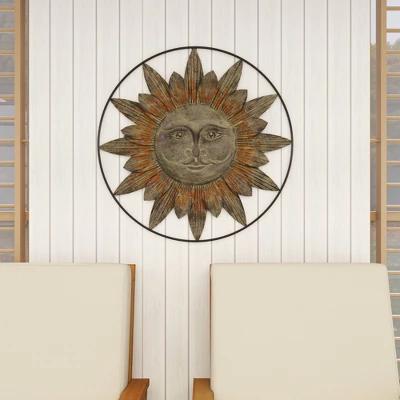 Metal Sunburst Indoor Outdoor Wall Decor With Distressed Copper Like Finish Brown - Olivia & May 7 Metal Sunburst Indoor Outdoor Wall Decor With Distressed Copper Like Finish Brown - Olivia & May - Image 7