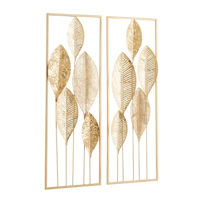 Metal Leaf Tall CutOut Wall Decor With Gold Frame Set Of 2 Gold - CosmoLiving By Cosmopolitan 4 Metal Leaf Tall CutOut Wall Decor With Gold Frame Set Of 2 Gold - CosmoLiving By Cosmopolitan - Image 4