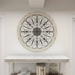 Wood Distressed Scroll Window Inspired Wall Decor With Metal Scrollwork Relief White - Olivia & May -Wall Charm Deals Store GUEST 688309c0 2954 4068 b38f 8cb29a50f942