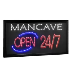 19" X 10" Man Cave Open 24/7 Framed LED Sign Red/Black - American Art Decor