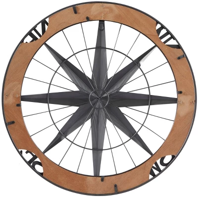 Metal Nautical Compass Wall Decor With Wood Frame Gray - Olivia & May 3 Metal Nautical Compass Wall Decor With Wood Frame Gray - Olivia & May - Image 3