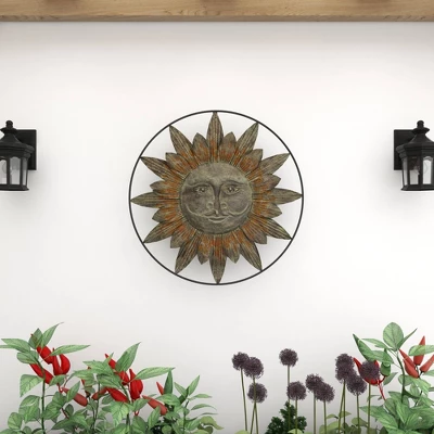 Metal Sunburst Indoor Outdoor Wall Decor With Distressed Copper Like Finish Brown - Olivia & May 8 Metal Sunburst Indoor Outdoor Wall Decor With Distressed Copper Like Finish Brown - Olivia & May - Image 8
