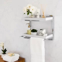 2 Tier Wall Mount Shelving Unit With Towel Rack And Trays Chrome/White - Danya B.