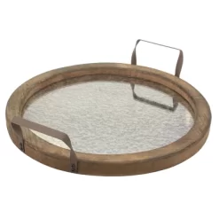 14" Round Rustic Wooden Tray With Distressed Mirror Brown - Stonebriar Collection