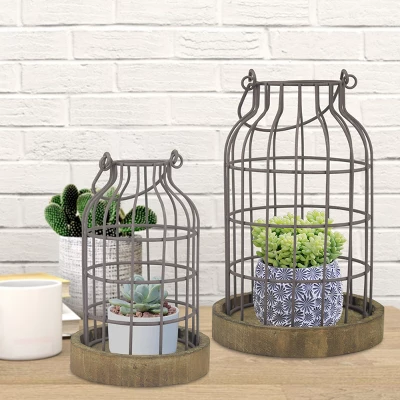 2pc Wire Metal Cloche Set With Wooden Bases Brown - Stonebriar Collection 2 2pc Wire Metal Cloche Set With Wooden Bases Brown - Stonebriar Collection - Image 2