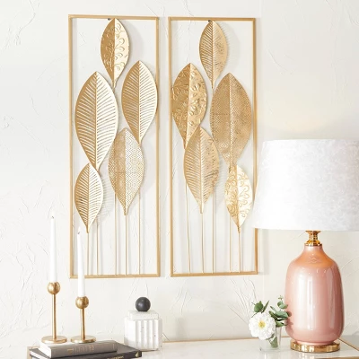 Metal Leaf Tall CutOut Wall Decor With Gold Frame Set Of 2 Gold - CosmoLiving By Cosmopolitan 1 Metal Leaf Tall CutOut Wall Decor With Gold Frame Set Of 2 Gold - CosmoLiving By Cosmopolitan