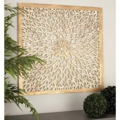 Wood Floral Handmade Intricately Carved Wall Decor With Mandala Design Light Brown - Olivia & May