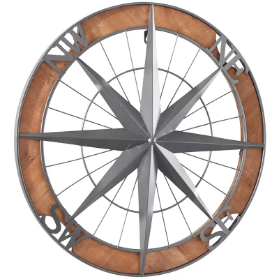 Metal Nautical Compass Wall Decor With Wood Frame Gray - Olivia & May 1 Metal Nautical Compass Wall Decor With Wood Frame Gray - Olivia & May