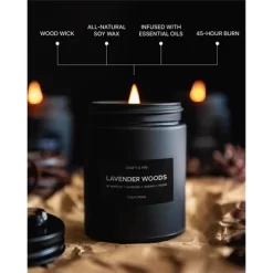 Craft & Kin Wood Wick, All-Natural Soy Aromatherapy Candle In Matte Black Glass Jar