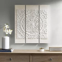 (Set Of 3) 35.5" Height Wooden Mandala 3D Embellished Canvas Decorative Wall Art Set White