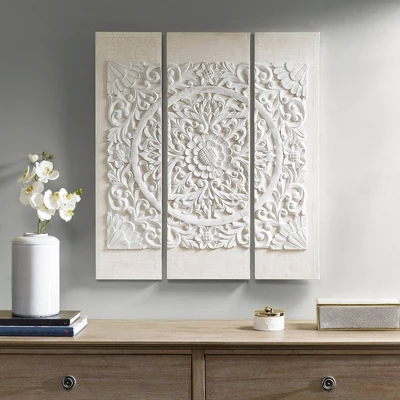(Set Of 3) 35.5" Height Wooden Mandala 3D Embellished Canvas Decorative Wall Art Set White 1 (Set Of 3) 35.5" Height Wooden Mandala 3D Embellished Canvas Decorative Wall Art Set White