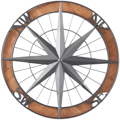 Metal Nautical Compass Wall Decor With Wood Frame Gray - Olivia & May 2 Metal Nautical Compass Wall Decor With Wood Frame Gray - Olivia & May - Image 2