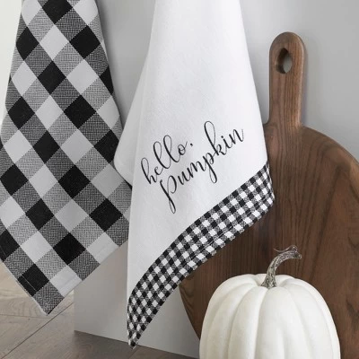 Hello Pumpkin And Check Kitchen Towel Set Of 2 - 18" X 28" - Black/White - Elrene Home Fashions 2 Hello Pumpkin And Check Kitchen Towel Set Of 2 - 18" X 28" - Black/White - Elrene Home Fashions - Image 2