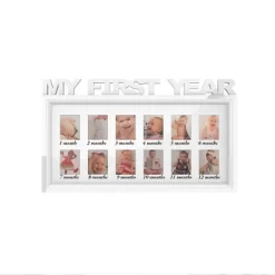 My First Year Collage Baby Picture Frame - Memory Keepsake For Babies With 12-Month Display For Wallet Photos - Milestone Board By Lavish Home (White)