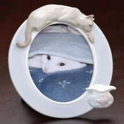 Roman Set Of 12 Porcelain Siamese Cat And Fish Photo Picture Frames 4" X 6" - White/Blue