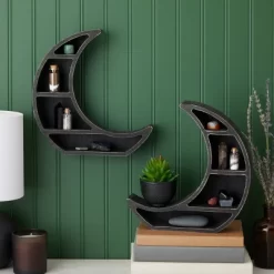 2 Pack Wooden Moon Shelf, Rustic Wall Home Decor, Crystal Holder For Stones Display And Essential Oils (10 X 10 X 2 In)