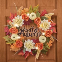 Collections Etc Metal Hello Autumn Sign LED Lighted Fall Wreath 19" X 4.5" X 19"